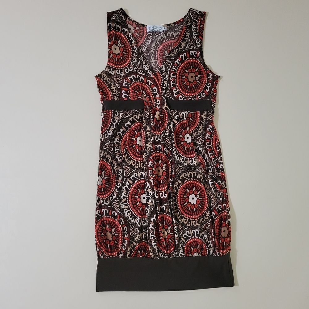 Trixxi Crossover V-neck Sleeveless Jersey Bubble Skirt Rust Brown Midi Dress